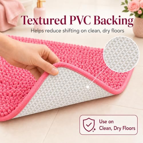 Bathroom Rugs Chenille Bath Mat Set 3-Piece Bath Rugs for Bathoom Extra Soft Bath Mats for Bathoom Non Slip Absorbent Shag Bthroom Carpet, Machine Washable, Toilet Rug Pink - Image 6