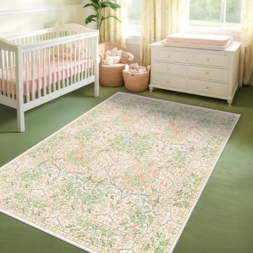 Beige Green 4x6 Washable Area Rug for Living Room, Large Entryway, Nursery, Bedroom, Kitchen, Ultra Soft Non Slip Stain Resistance, Floral Distressed Aethestic Design - Image 6