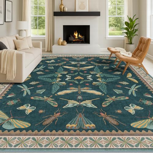 Insect Print Washable 8x10 Living Room Rug - Bugs, Butterfly, Bees, Moths Patterned Area Rugs for Bedroom, Dining Room Under Table, Kids Room, Home Office, Washable Non Slip Fade Resistant Low Pile - Image 6