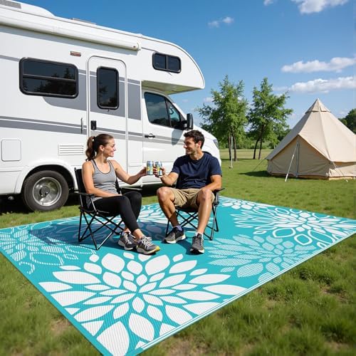 HEBE Waterproof Outdoor Rug 6'x9', Floral Reversible Plastic Patio Rug - Image 6