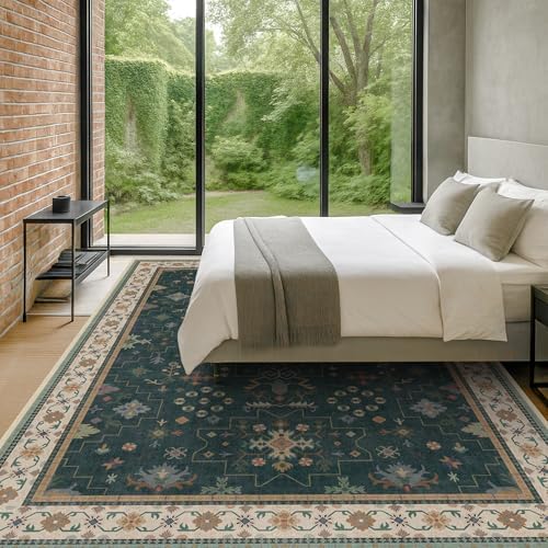 Hazo Haus Dark Green Vintage Living Room Rug 9x12 - Boho Unique Floral Victorian Decor, Washable Low Pile Non-Slip Extra Large Area Rugs for Dining Under Table Bedroom - Image 6