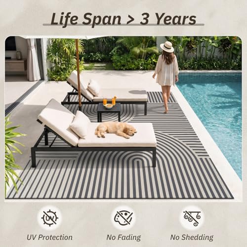 AMOAMI Outdoor Rug Patio Rug 6x9 ft Quick Dry Flatweave Textured Machine Washable Outdoor Carpet with Rubber Particles Backing Boho Outdoor Area Rug for Patio Deck Front Porch Balcony Greyish Black - Image 6