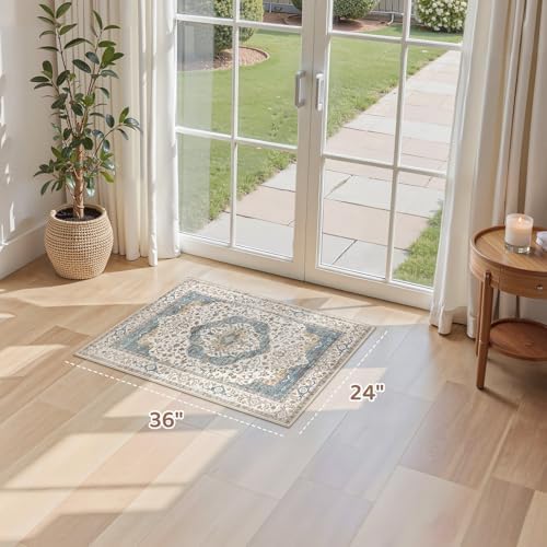 2x3 Washable Entryway Rug: Non-Slip Soft Small Indoor Area Rug for Bedroom Kitchen, Low Pile Stain-Resistant Durable Vintage Floral Carpet for Porch Laundry Kids Room Home Decor (Blue) - Image 7