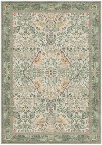 Hazo Haus Washable Living Room Rug 7x10 - Sage Floral Rugs for Bedroom, Vintage Bird Patterned Dining Room Kitchen Table Rug for Under Table, Stain Resistant Non-Slip - Image 7
