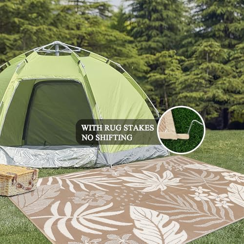 Pauwer Waterproof Outdoor Rug 6x9, Plastic Straw Patio Rug, Floral Brown - Image 6