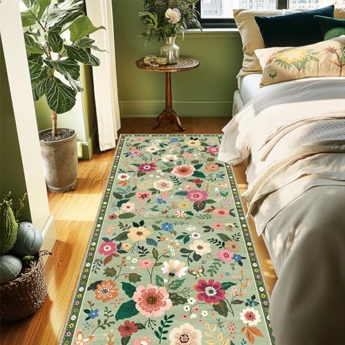 Floral Washable 2x10 Area Rugs Runner Entryway Hallway LightGreen - Image 6