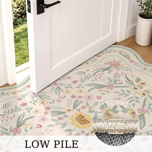 Scalloped Floral Rug 6x9, Sage Green Washable Non Slip Area Rug for Bedroom, Soft Low Pile Cottagecore Rug for Girls Room, Nursery, Dorm, or Reading Nook Green Beige - Image 6