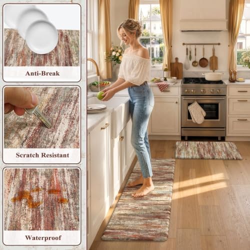 KIMODE Anti Fatigue Kitchen Mats,Farmhouse Kitchen Rugs Sets of 2 Red Brown - Image 6