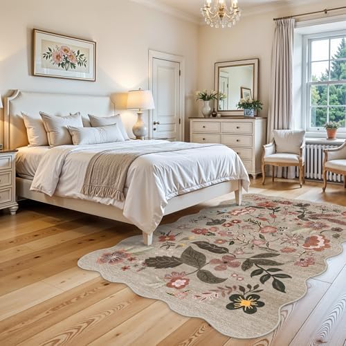 5x7 Area Rugs for Living Room: Floral Scalloped Washable Bedroom Rug Brown - Image 7