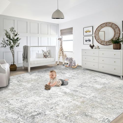 XLUEZ 9x12 Area Rug for Living Room, Washable Modern Abstract Large Area Rug Neutral Soft Non Slip Kids Rug Stain Resistant Indoor Carpet for Bedroom Dining Room Playroom Office(BeigeGrey, 9'x12') - Image 6