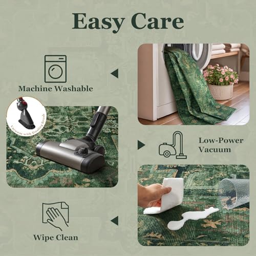 Vintage Dark Green Area Rugs 5x7 for Living Room, Tranditional Distressed Medallion Printed Low Pile Thin Rugs for Bedroom, Non Slip Washable Carpet Rugs for Dining Room/Kitchen/Home Office - Image 6