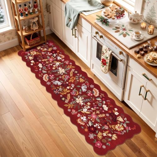 Christmas Red 2x6 Runner Rug: Washable Floral Scalloped Soft Kitchen Rugs - Image 7