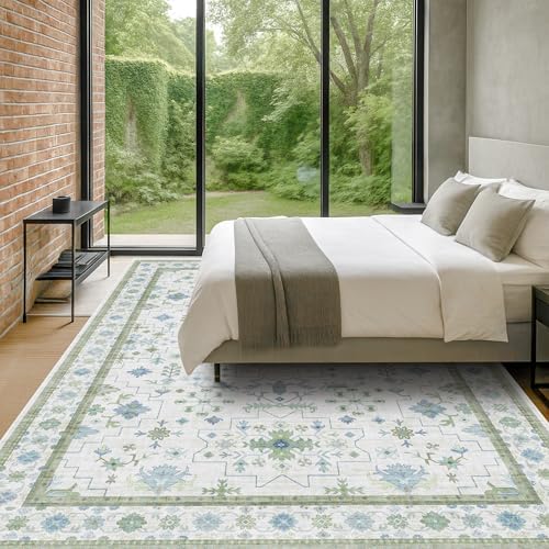 Green Area Rugs 9x12 Living Room - Washable Oriental Geometric, Extra Large for Bedroom Non Slip Soft Faux Wool Carpet for Dining Room Playroom, Lounge - Blue and Green Floral Rug - Image 6