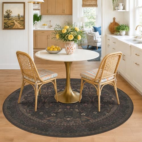 Brown Floral 6ft Round Rug for Living Room Kitchen Dining Room Under Table, Thin Low Pile Soft Botanical Patern Area Rug for Living Room Bedroom, Traditional Home Décor Non Skid (Black and Brown) - Image 6