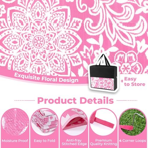 Findosom Waterproof Outdoor Rug 6' x 9' - Reversible Mandala Outdoor Plastic Straw Rug, Durable Foldable Patio Rug for RV, Deck, Balcony, Backyard, Picnic, Porch, Camping, Beach, Pink - Image 6