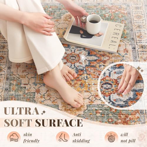 Area Rug 8x10 Vintage Rug: Large Washable Indoor Medallion Rugs Low Pile Distressed Floor Carpet Retro Accent Rug for Living Room Bedroom Kitchen Dining Table Home Office(Green/Yellow, 8'x10') - Image 6