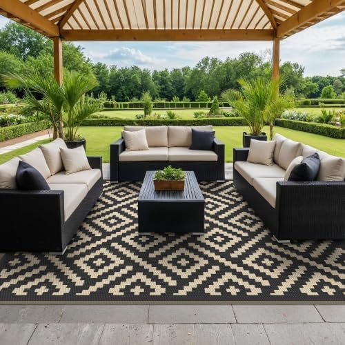 GENIMO Outdoor Rug, Waterproof Plastic Rugs for Patio, 8'x10' Black Beige - Image 6