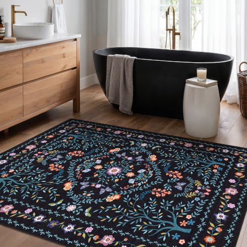 4x5 Area Rug Washable Vintage: Non Slip Entryway Floor Carpet Black Blue - Image 6