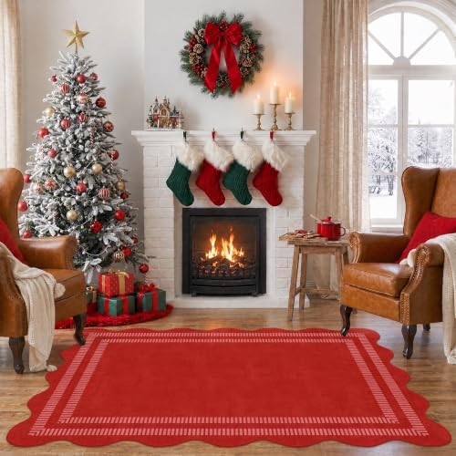 Washable 3x5 Christmas Rug, Soft Non Slip Indoor Door Mat Solid Red Entryway Rugs Stain Resistant Scalloped Carpet for Bedroom Kitchen Home Office - Image 7