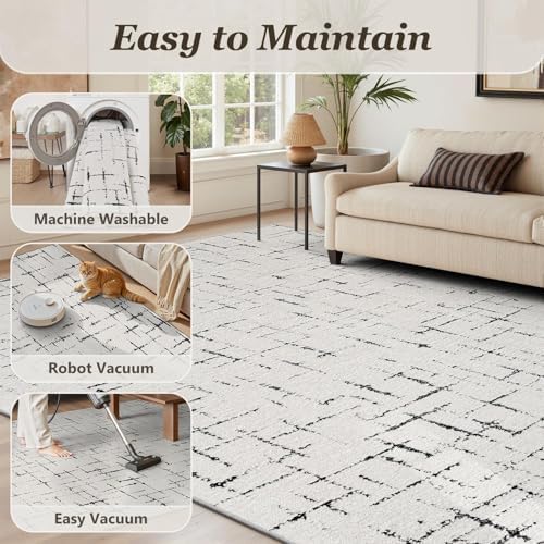 Engiw-Neutral 8x10 Area Rug for Living Room Rug-Carpet Bedroom Rugs Textured Tufted Jacquard Modern Washable Rug for Dining Room Nursery Non Slip-Black and White - Image 6