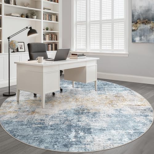 LOONGRUG Round Rug 6x6 Washable Neutral Modern Living Room Rug Blue Gold - Image 7
