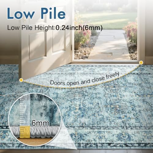 6x9 Ft Vintage Area Rugs for Living Room, Thin Soft Washable Carpet Blue - Image 6