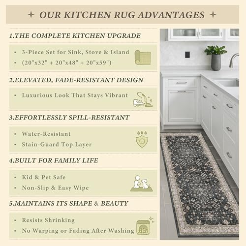 JTJ Kitchen Rugs Set of 3, Black Boho Vintage Washable Non Slip Mats - Image 6
