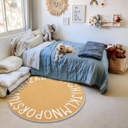 Topotdor Round ABC Area Rug,63 Inch Soft Floor Carpet,Brown - Image 7