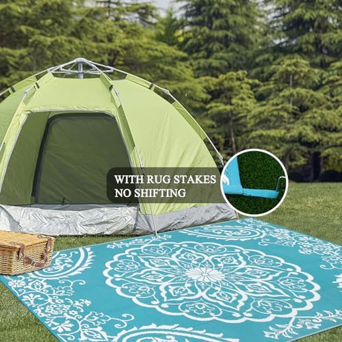 Pauwer Outdoor Rug 6x9, Waterproof Plastic Straw Camping Rug, Boho Teal - Image 6