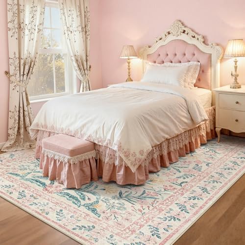 Wonnitar Washable Area Rug 6x9, Pink Floral Rugs for Bedroom Girls Soft Living Room Carpet Ultra-Thin, Boho Non Slip Non-Shedding Pastel Nursery Carpet for Kids Room Playroom Dorm - Image 6