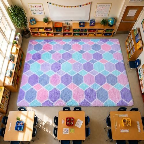 Checkered 8x10 Area Rugs for Living Room, Fluffy Purple Rainbow Girls Rug - Image 6