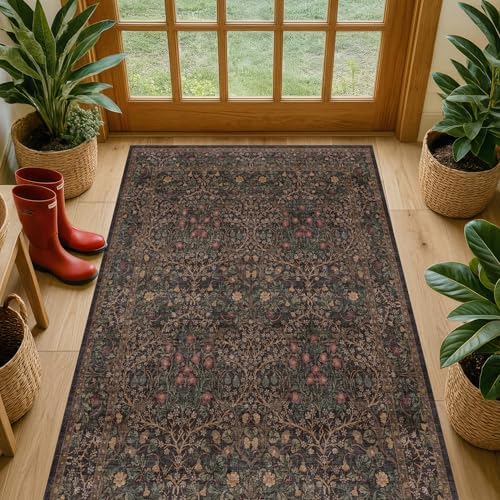 Boho Dark Brown 3x5 Large Entryway Rug - Moody Neutral Washable Low Pile Area Rugs Non-Slip for Mudroom, Door Mat Indoor Entrance, Kitchen, Laundry, Taupe Golden Accent Floral Floor Decor - Image 6
