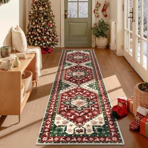 Yamaziot Christmas Washable Runner Rug, 2x8 Non-Slip Hallway Runner with Rubber Backing, Low Pile Faux Wool Carpet Runner Holiday Decor Xmas Rug for Bedroom, Kitchen, Laundry, Entrance - Image 7