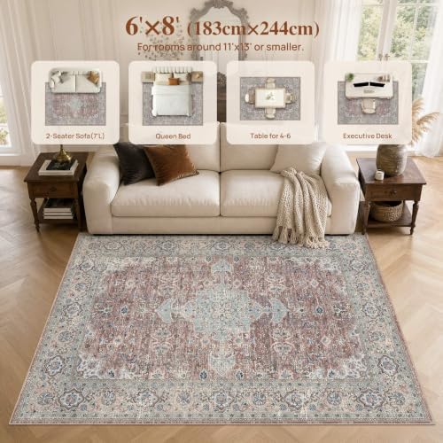 UERMEI 6x9 Area Rug for Living Room Washable Vintage Pink Brown Carpet - Image 7
