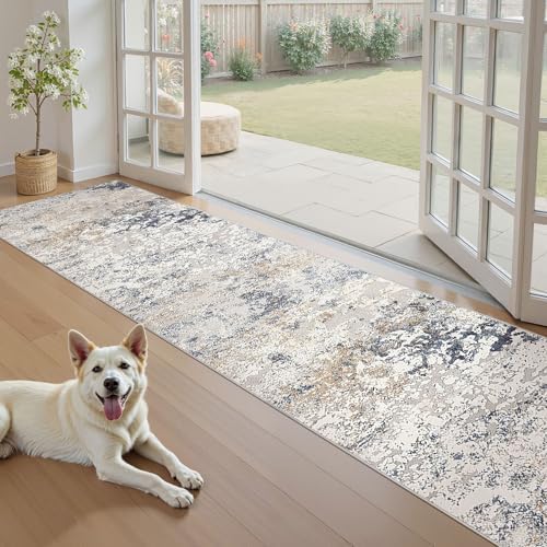 DMOYEST Washable Runner Rug for Hallway: 2.6x12 Neutral Modern Abstract Low Pile Area Rug with Non-Slip Backing - Carpet for Bedroom Kitchen Laundry Entryway Bathroom Indoor - Beige Blue - Image 6