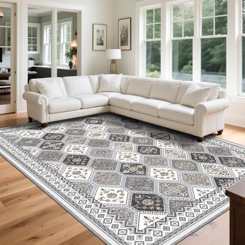 Area Rugs 9x12 Living Room, Non-Slip Vintage Boho Moroccan Rug, Gray/Gold - Image 7