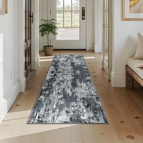 RELEANY Washable Runner 2'x7' Abstract Area Rug for Hallway Black White - Image 7