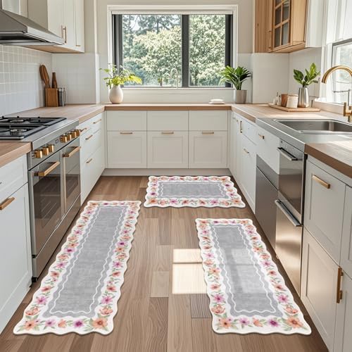 Vaukki Boho Kitchen Rug Sets of 3,Flower Grey Washable Kitchen Floor Mat - Image 7