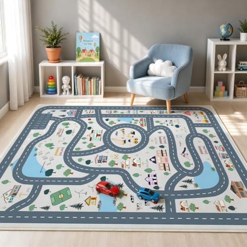 Car Rug Play Mat for Kids, Non Slip Car Track Rug Town City Road Map Playmat for Children, Washable Carpet for Boy Playroom Bedroom - 3x5 Ft - Image 7