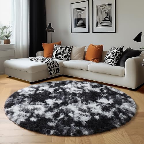 Amdrebio Black White Grey Plush Round Area Rug 6Ft for Living Room Bedroom - Image 6