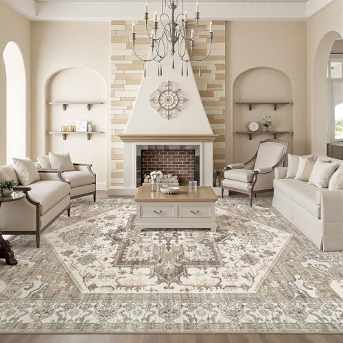 8x10 Area Rug for Living Room- Machine Washable Soft Oriental Vintage Large Indoor Floor Carpet for Bedroom Under Dining Table Home Office Decor - Beige Brown - Image 7
