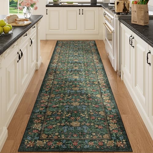 DUKINO 2x8 Runner Rug, Washable Vintage Floral Kitchen Rug, Green - Image 7
