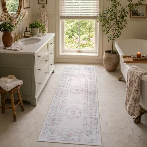 Wonnitar 2x6 Floral Bow Runner Rug for Hallway, Pink Washable Runner Rug with Non Slip Backing, Ultra-Thin Soft Boho Floral Carpet Runner for Bedroom Nursery Kitchen Laundry Room, Light Pink - Image 7