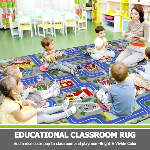 Capslpad Blue Car Road Kid Rug Carpet Playmat for Playoom Traffic Road Kids Play Mat for Toddler Non Slip Washable City Map Race Track Carpet Rug for Kids Room Playroom Classroom Decor,6.6'x9.8' - Image 7