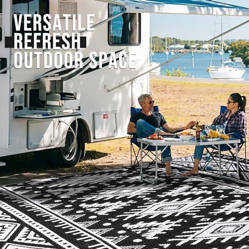 OLANLY Outdoor Rug 8x10 ft Waterproof Reversible Boho Mat, Black & White - Image 7