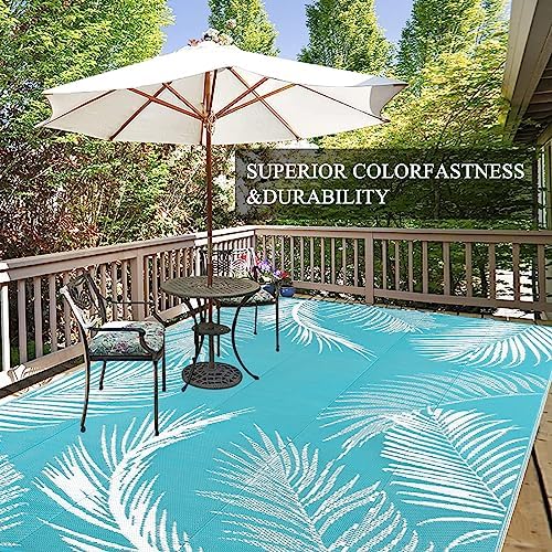 Pauwer Waterproof Outdoor Rug 6x9, Plastic Straw Patio Mat, Leaf Teal - Image 6