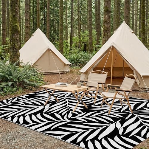 Smiry Outdoor Rug 5x8 ft Waterproof Reversible Leaf Mat, Black & White - Image 7