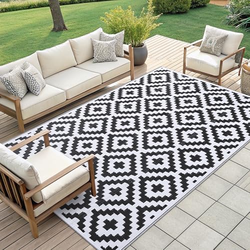 Smiry Outdoor Rug 9x18 ft Waterproof Reversible Boho Mat, Black & White - Image 7