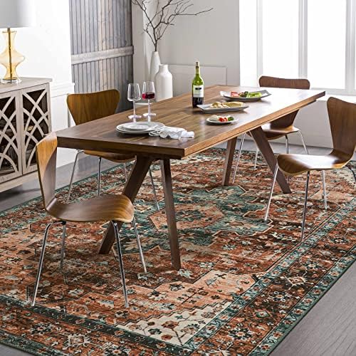 Moynesa Ultra-Thin Vintage Area Rug - 6x9 Washable Bedroom Rug Large Living Room Rug Non-Slip Dining Room Mat, Oriental Printed Low Pile Nursery Carpet for Office Kitchen Entryway, Brick Red/Dull Teal - Image 7