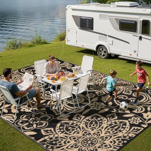 Findosom Waterproof Outdoor Rug 6' x 9' - Reversible Mandala Outdoor Plastic Straw Rug, Durable Foldable Patio Rug for RV, Deck, Balcony, Backyard, Picnic, Porch, Camping, Beach, Black - Image 6